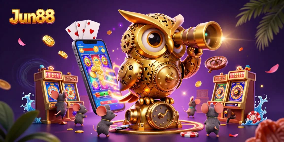 Immerse in Jun88's vibrant casino scene, featuring golden owl, slot games, and festive elements.