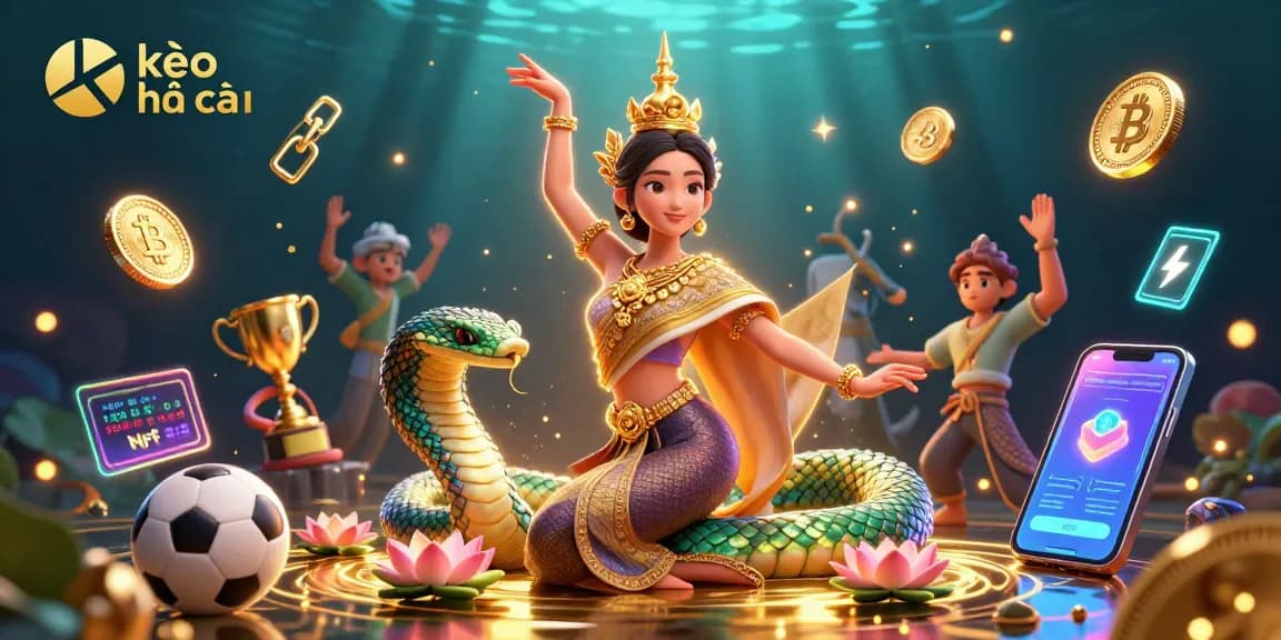 Bet on kèo nhà cái with vibrant 3D illustration featuring Asian dancer and sports elements.