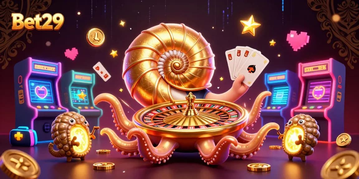 Play at Bet29 with a nautilus-themed roulette and vibrant game elements in a lively casino scene.