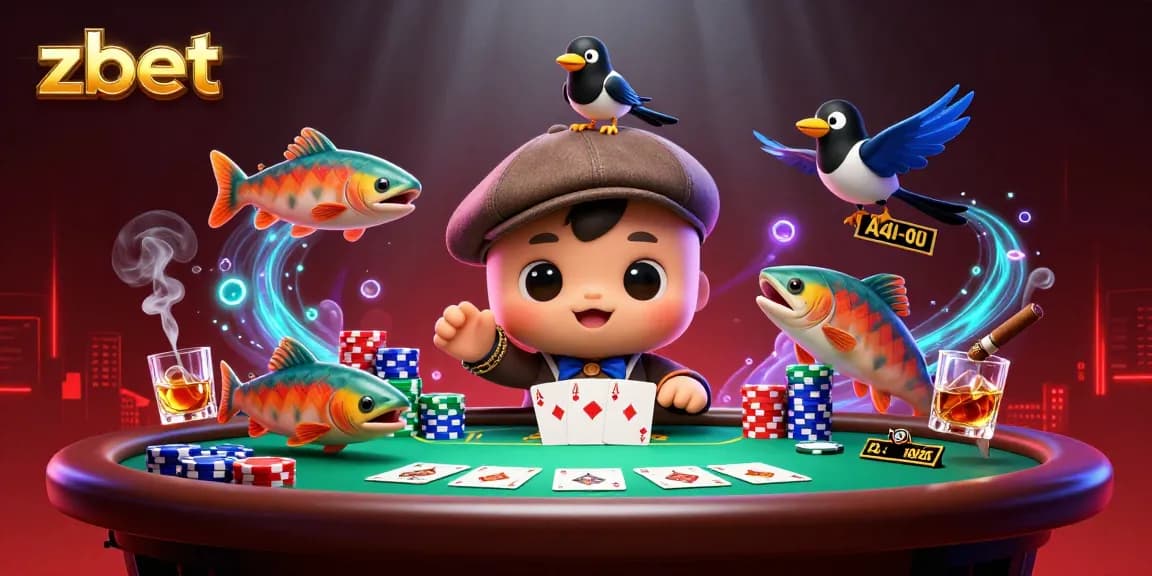 Engage in zbet poker fun with baby Nessie, playful magpie, and vibrant casino elements.