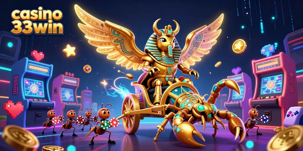 Engaging scene with characters from casino 33win competing for chips amidst vibrant arcade games.