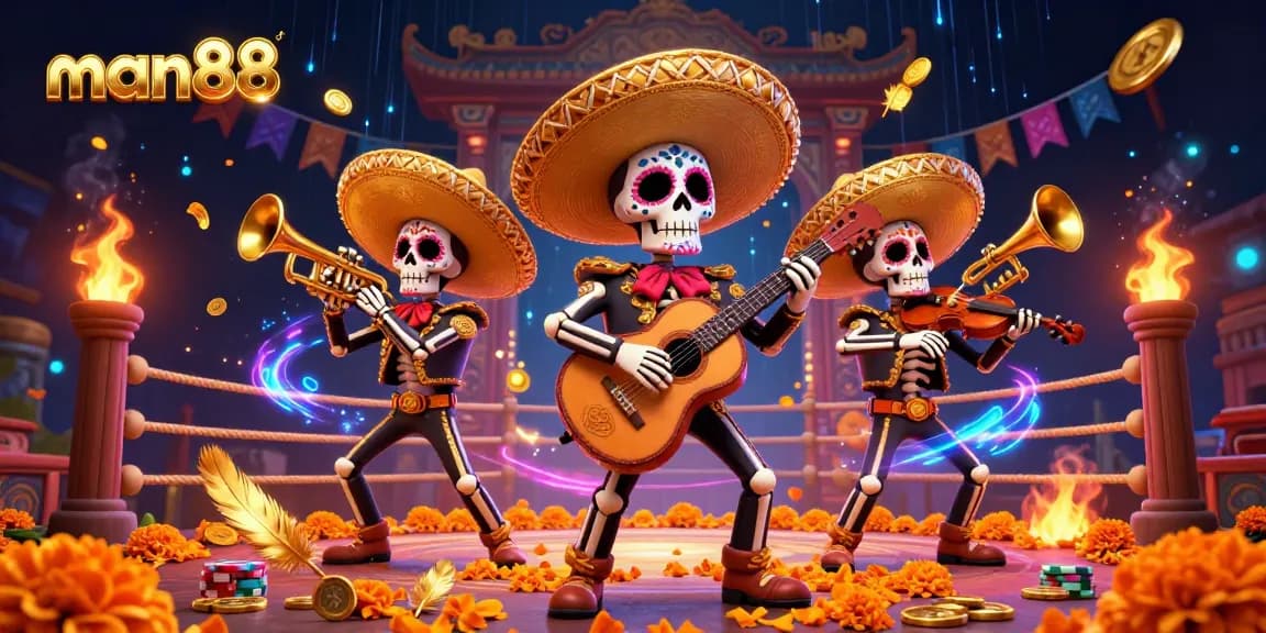 Man88 showcases a vibrant 3D mariachi band immersed in a lively casino atmosphere, generating excitement for players.