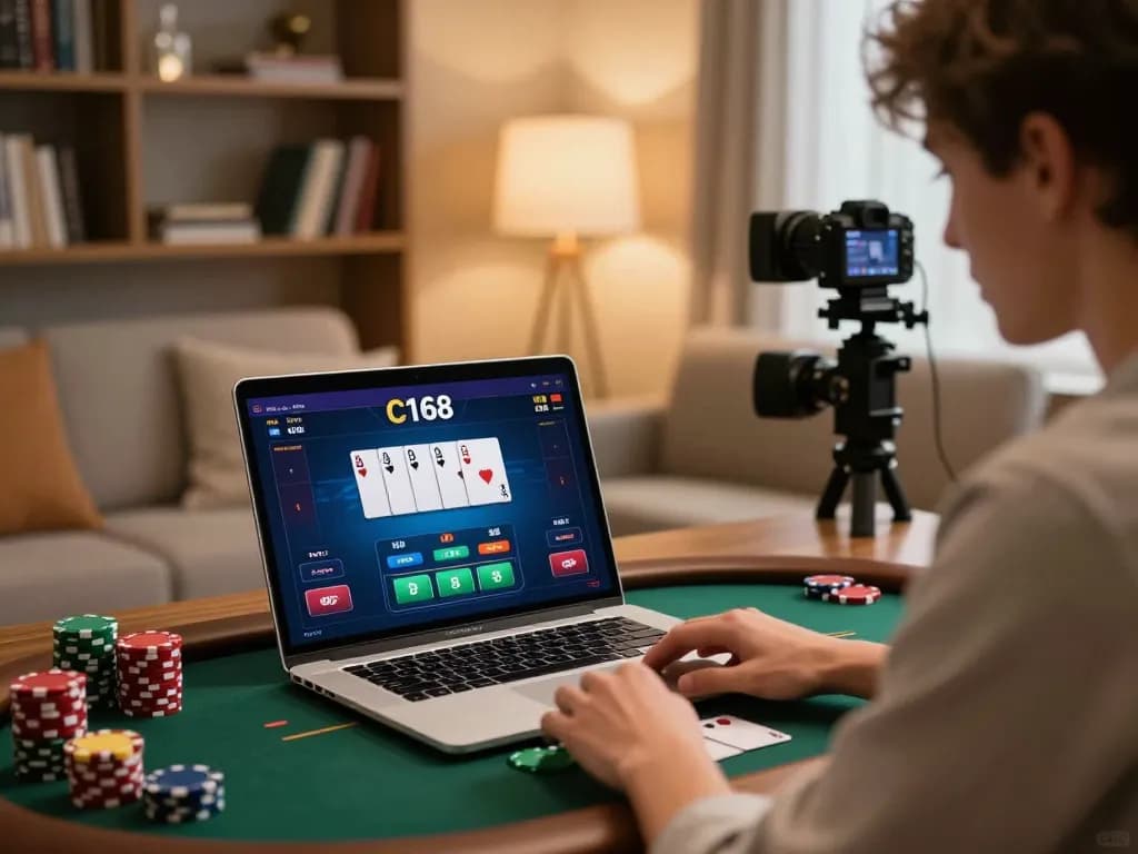 C168 online poker gameplay in a cozy home setting with stylish decor and warm lighting.
