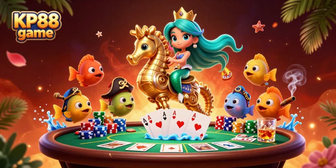 Engage with KP88 game as a colorful mermaid leads a thrilling poker adventure in a vibrant underwater world.