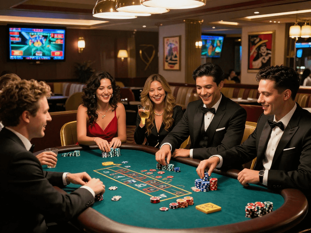 Friends enjoying a night at blackjack table at https://vin88-casino.games/ with vibrant casino atmosphere.