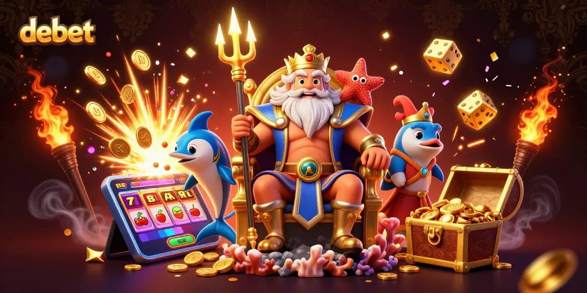 Experience debet gaming with vibrant characters, slot symbols, and jackpot excitement in this 3D casino scene.