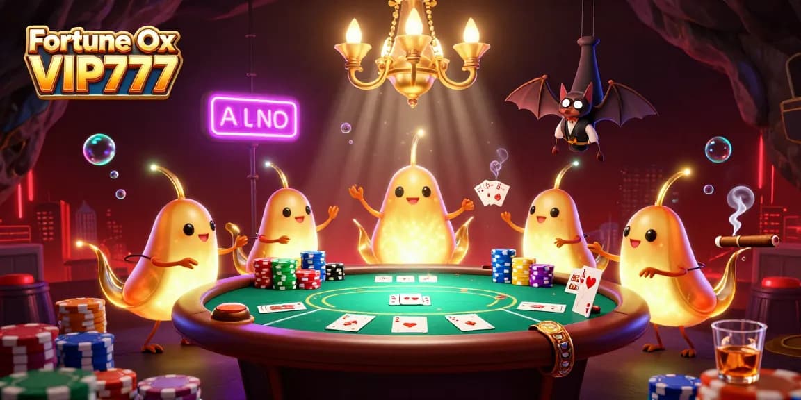 Engage with Fortune Ox VIP777 in an illustrated scene featuring vibrant gambling elements.