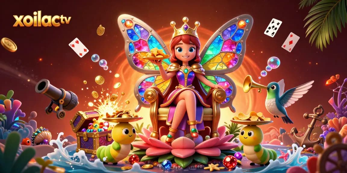 Experience the magic of xoilac tv with a vibrant 3D scene of a butterfly queen, colorful gems, and dynamic gaming action.