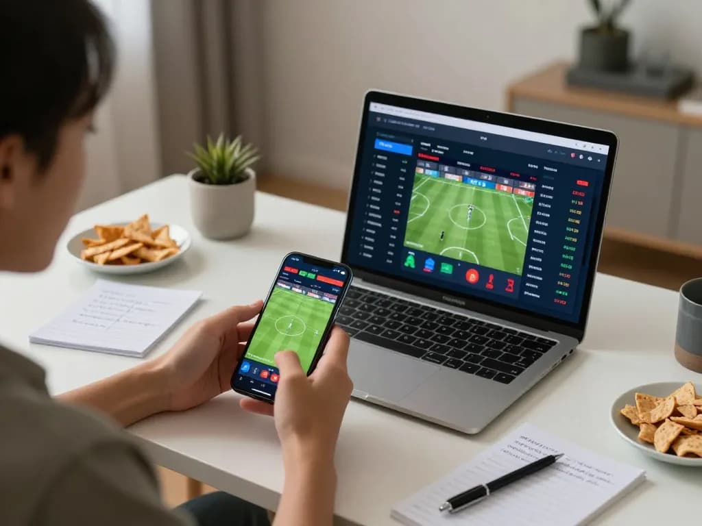 Engaged with trang cá cược bóng đá on smartphone, analyzing live football match odds in a cozy home setup