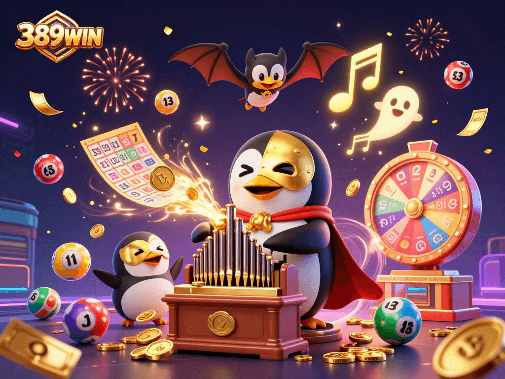 Experience 389WIN with a lively casino scene featuring colorful elements and a whimsical penguin playing an organ.