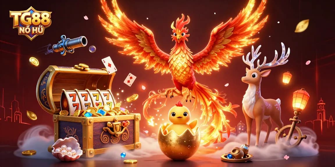 Experience exciting wins with TG88 NỔ HŨ in this vibrant casino-themed illustration depicting luck and treasures.
