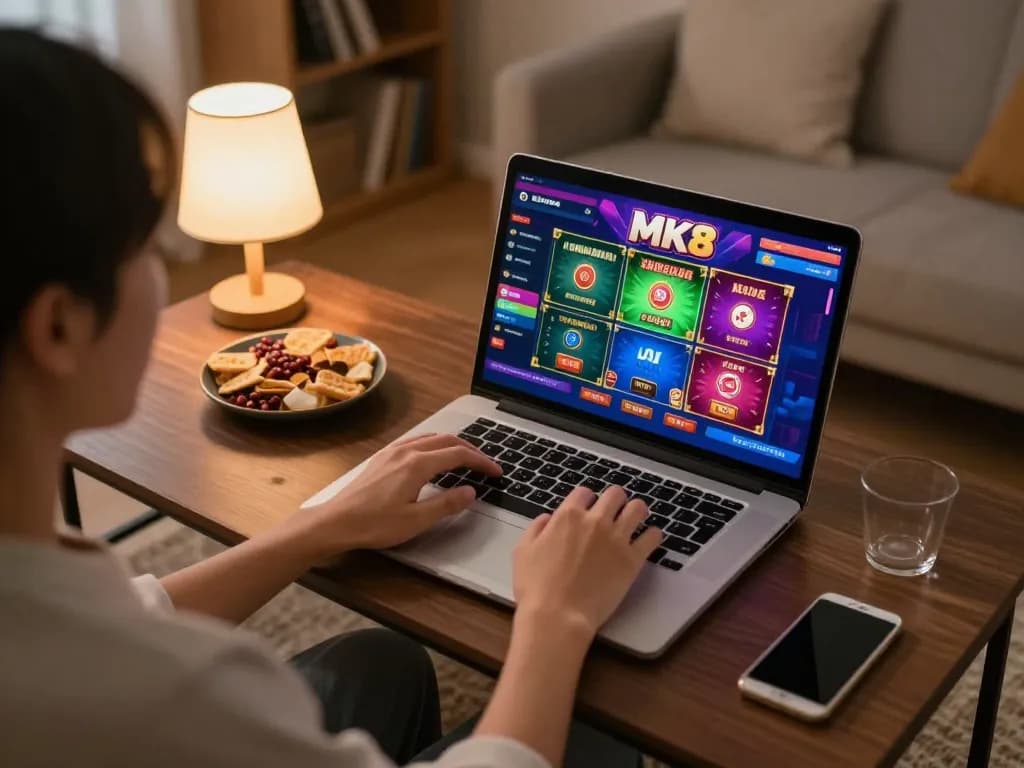 Engaging gameplay on MK8 online casino interface from home, showcasing strategic betting and a cozy atmosphere.