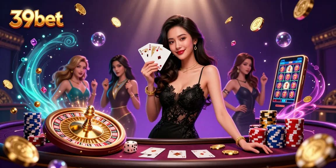 Experience thrilling gaming with the photorealistic scene showcasing 39bet, featuring a captivating Asian woman holding playing cards amidst casino excitement.
