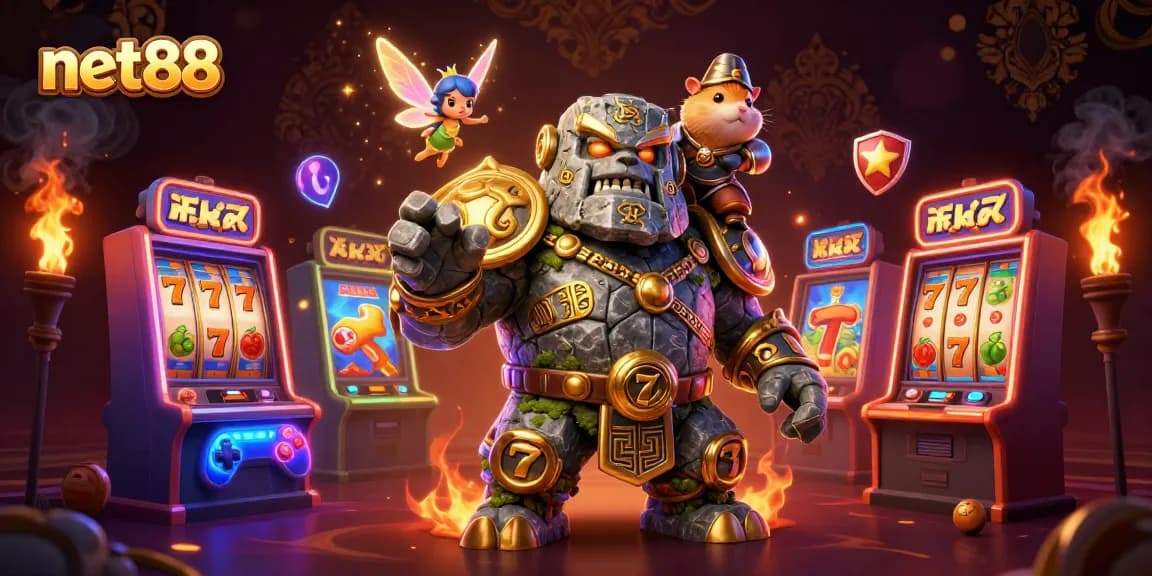 Spin the reels at net88 with a magical golem guardian, fairy, and hamster knight!