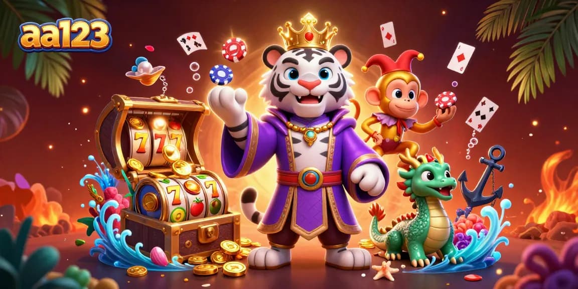 Jogue slots e ganhe no aa123 com uma ilustração vibrante de cassino em 3D apresentando tigres e tesouros.