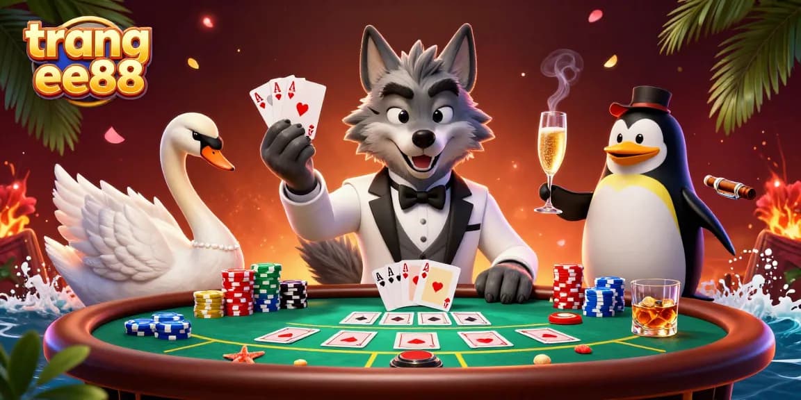 Experience the excitement of trang ee88 with a sophisticated casino scene featuring a debonair wolf and elegant characters.