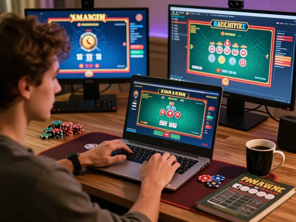 Engaging in online poker at home with Go8 strategy books and vibrant game interfaces displayed.