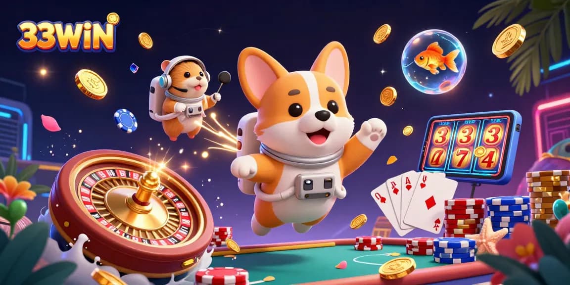 Experience the excitement of 33WIN in a vibrant space casino scene featuring a corgi astronaut.