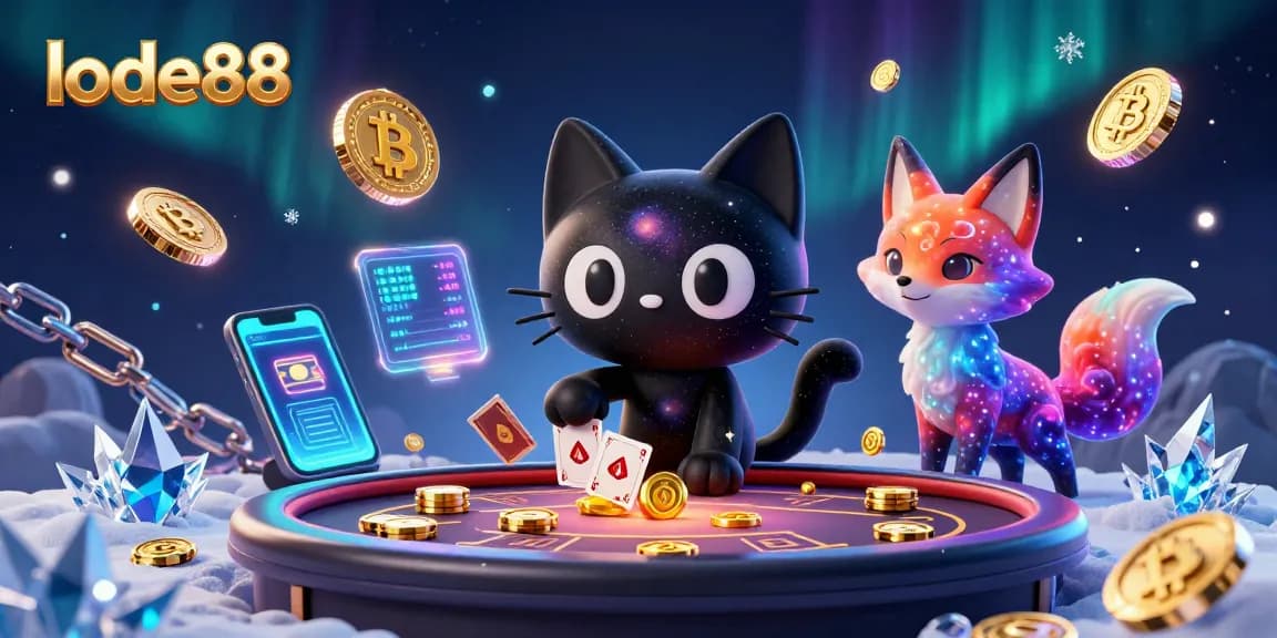 Engage in lode88's cosmic casino adventure with a black hole cat and nebula fox amid glowing crypto elements.