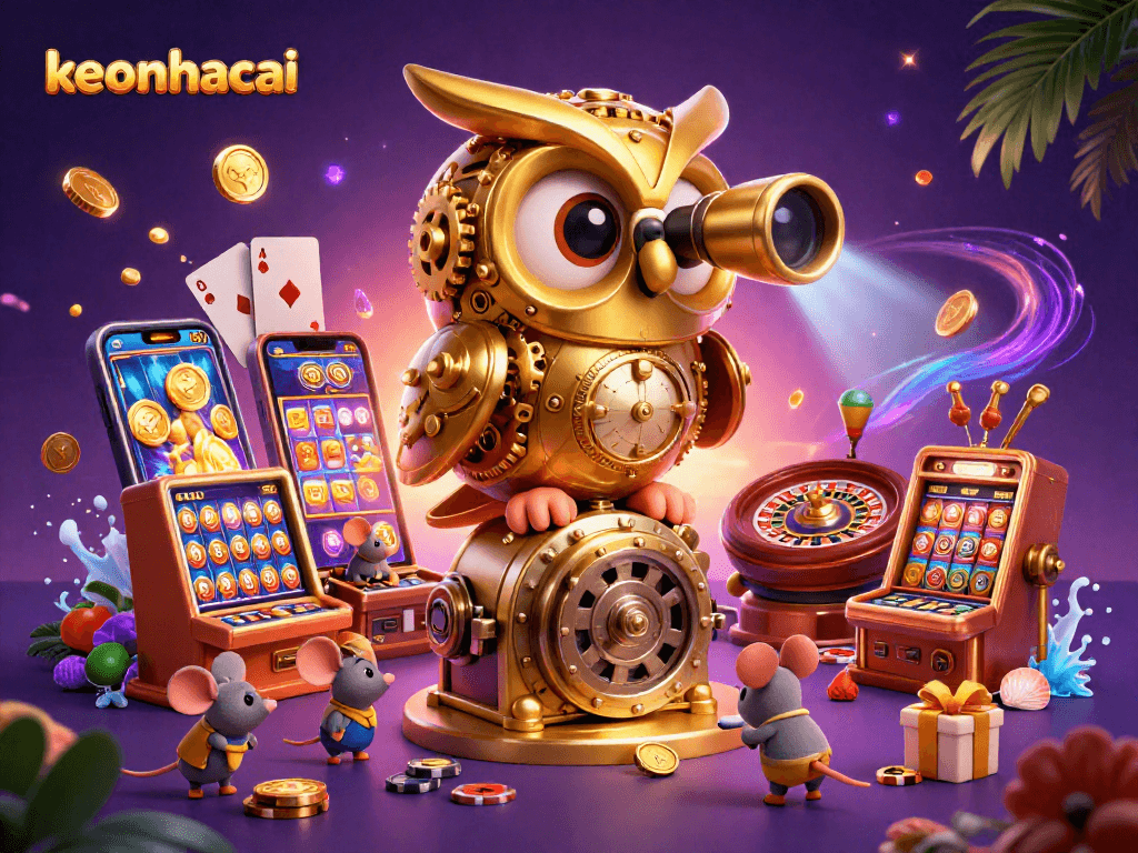 Unlock exciting wins with the keonhacai 3D casino illustration featuring playful characters and vibrant game elements.