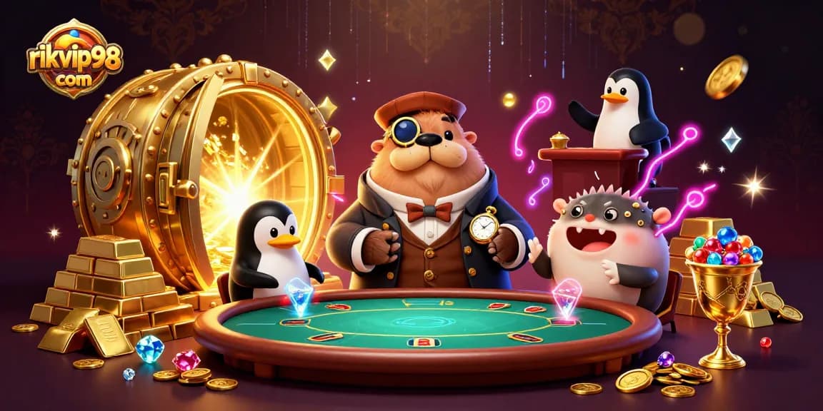 Experience underwater poker excitement at rikvip98 com with cartoon characters engaging in thrilling gambling action.