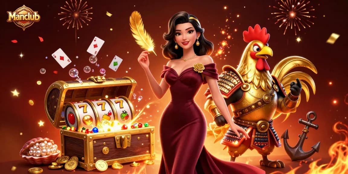 Join the thrilling Manclub experience with exciting slots and vibrant casino elements in a dynamic illustration