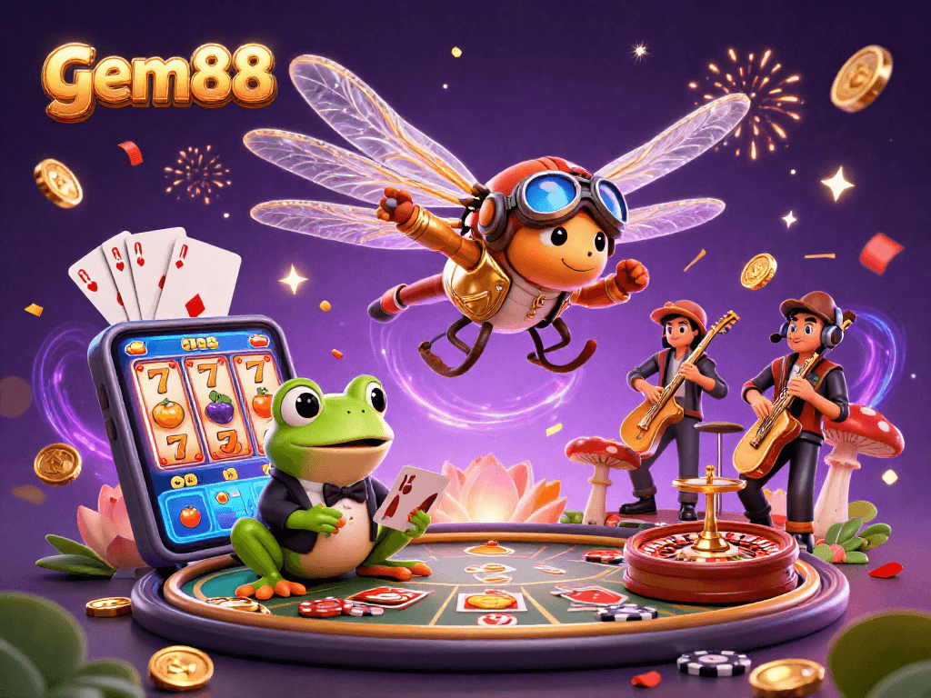 Experience the excitement at gem88 casino with a dynamic scene featuring a dragonfly pilot, frog croupier, and jazz musicians.