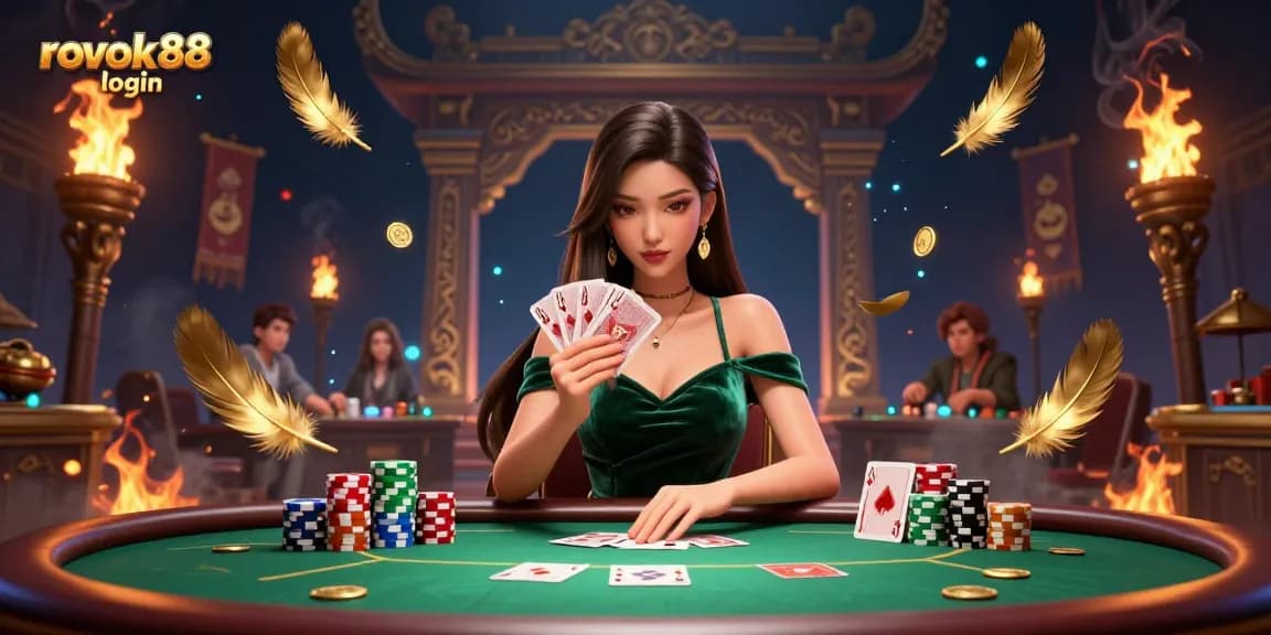 Engage in thrilling gameplay with rokok88 login at an exciting poker table featuring a stunning Asian woman.