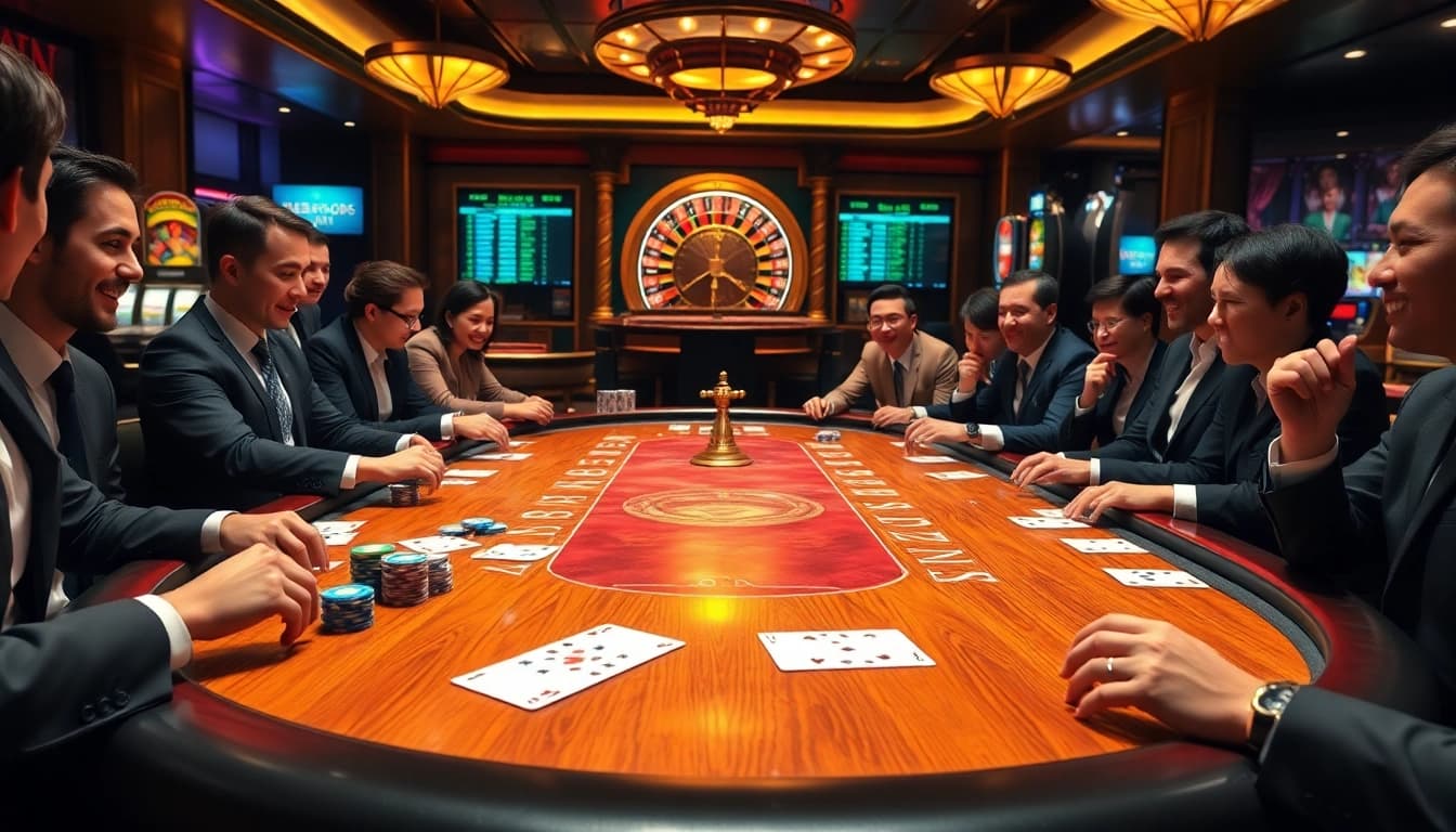 Players engaging in high-stakes poker at a luxurious casino table with keonhacai 5 betting odds displayed.