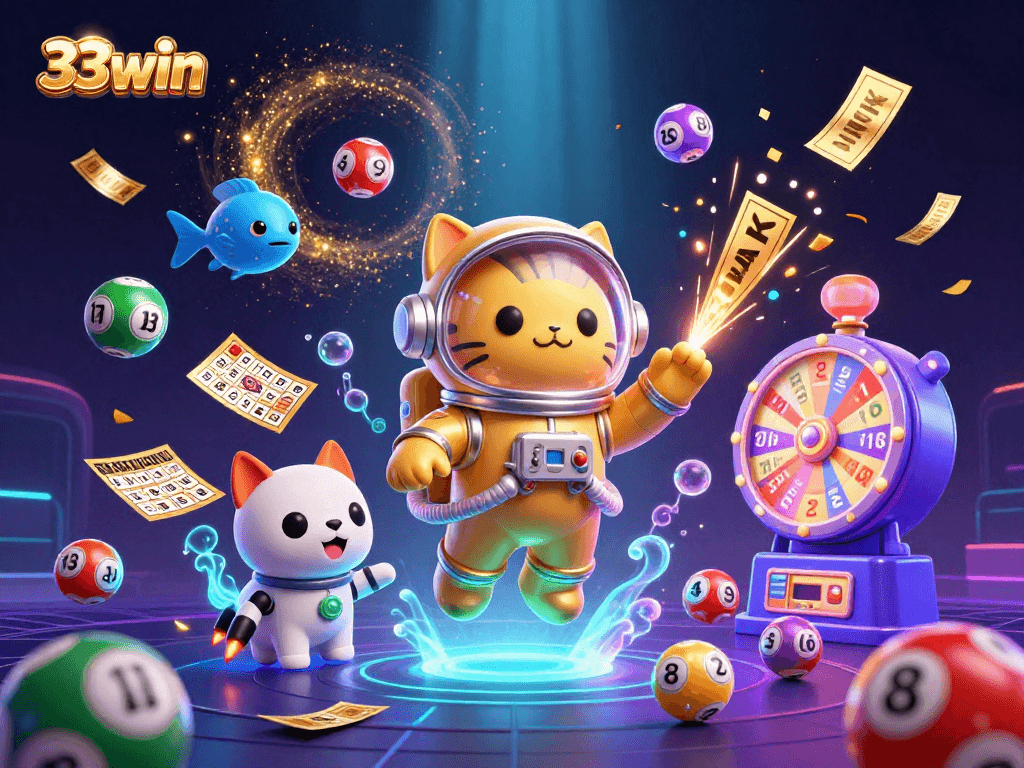 Experience 33win excitement with a vibrant cosmic lottery scene filled with colorful elements.