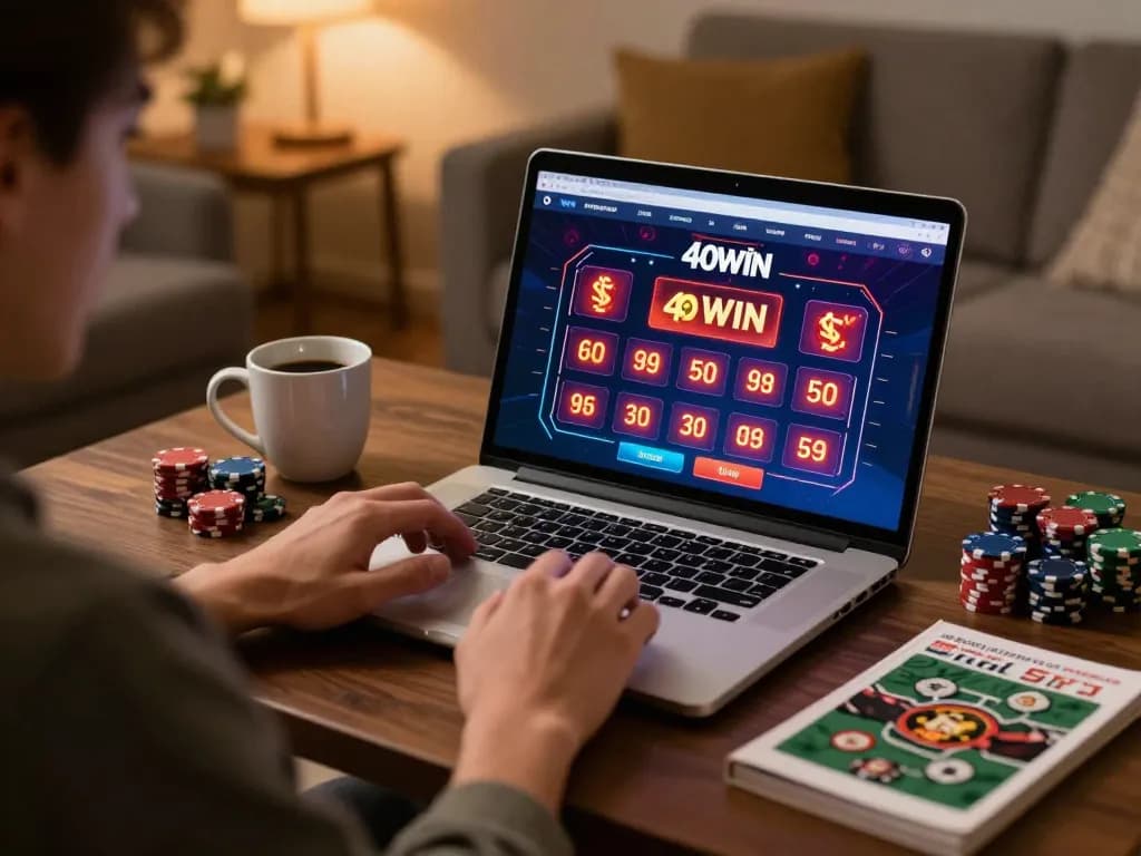 Engaging player using the 40WIN platform for online gaming in a cozy living room, promoting responsible gambling.