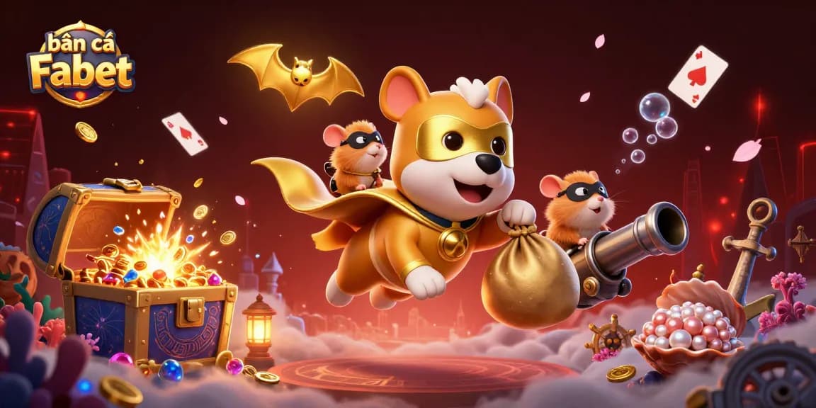 Bắn cá Fabet illustration featuring a superhero dog and hamster amidst colorful underwater treasures and gaming elements.