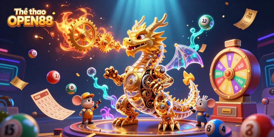 Engage in Thể thao OPEN88 with a dynamic illustration showcasing vibrant gambling elements amidst a magical atmosphere.