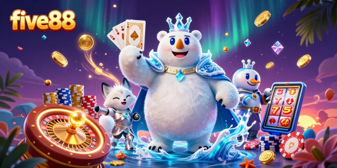 Experience the magic of five88 with a vibrant 3D casino scene full of luck and excitement.