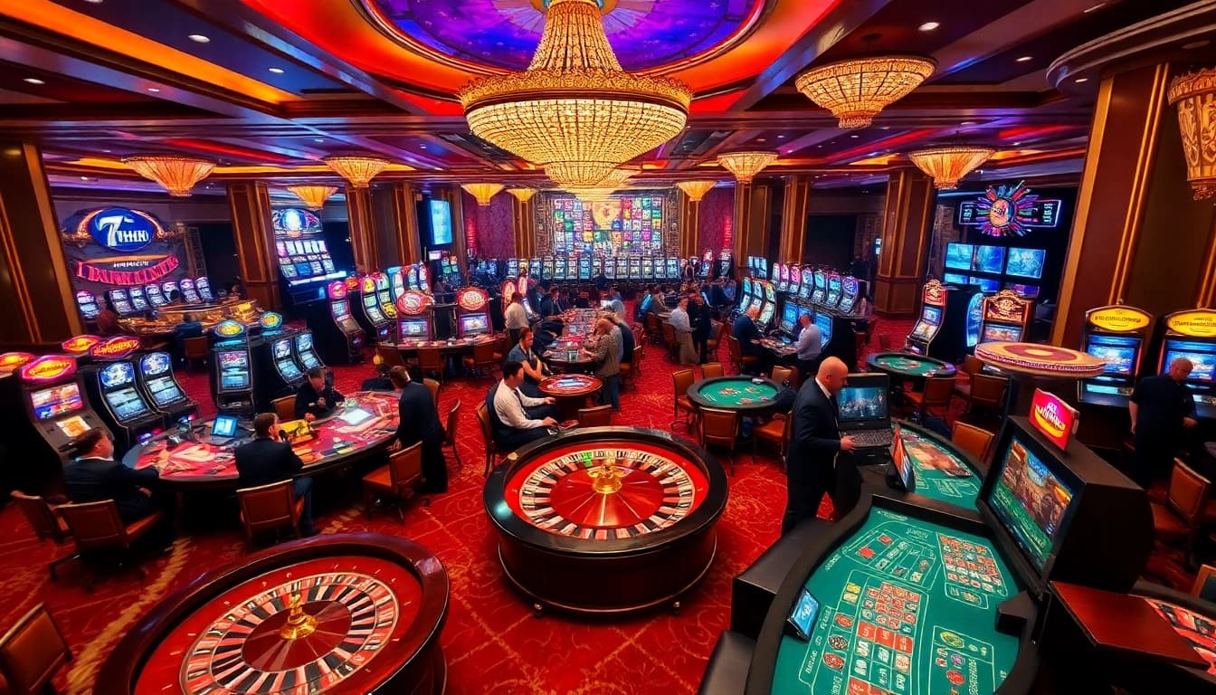 Exciting gameplay at 7hh casino with vibrant slot machines and live roulette action.
