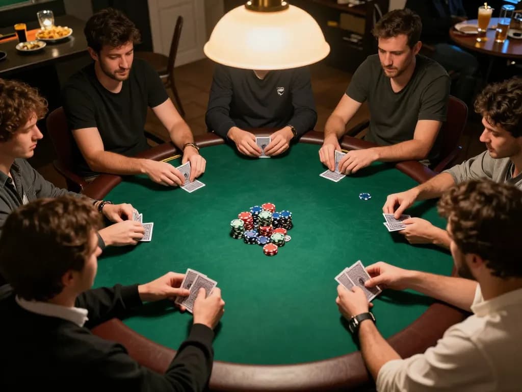 Players enjoying an engaging poker game at home, while 789win hiện đang mở for exciting action and social interaction.
