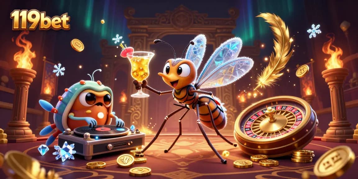 Experience the thrill of 119bet with lively casino mascots and a golden roulette wheel!