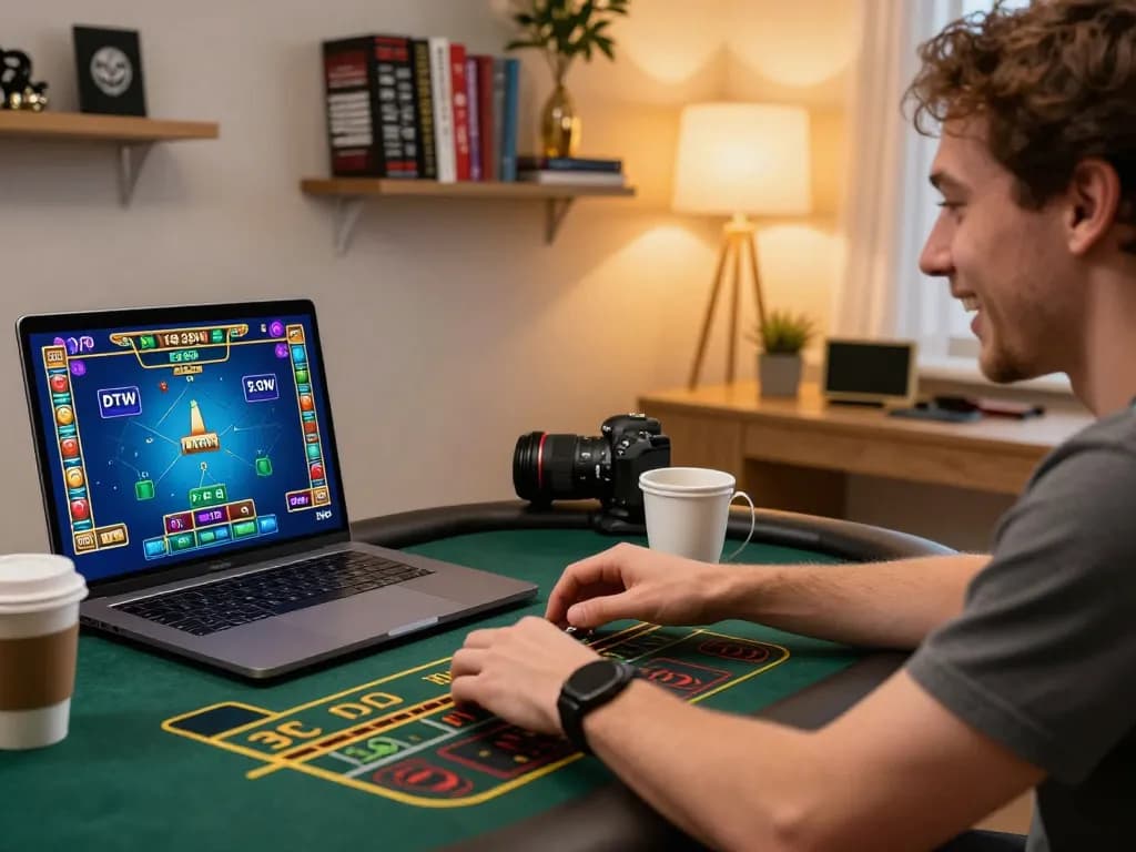 C168 online gaming: Individual placing bets on a live dealer table with excitement in a cozy home office.