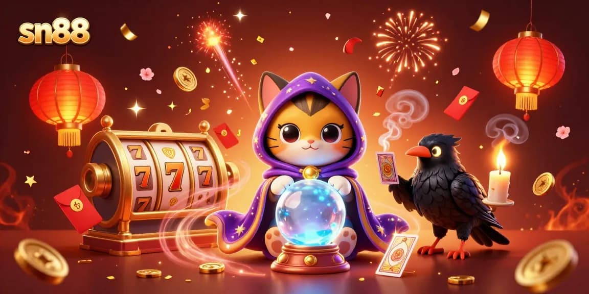 Experience the excitement of sn88 with a vibrant gaming scene featuring a mystical cat, raven, and slot machines.