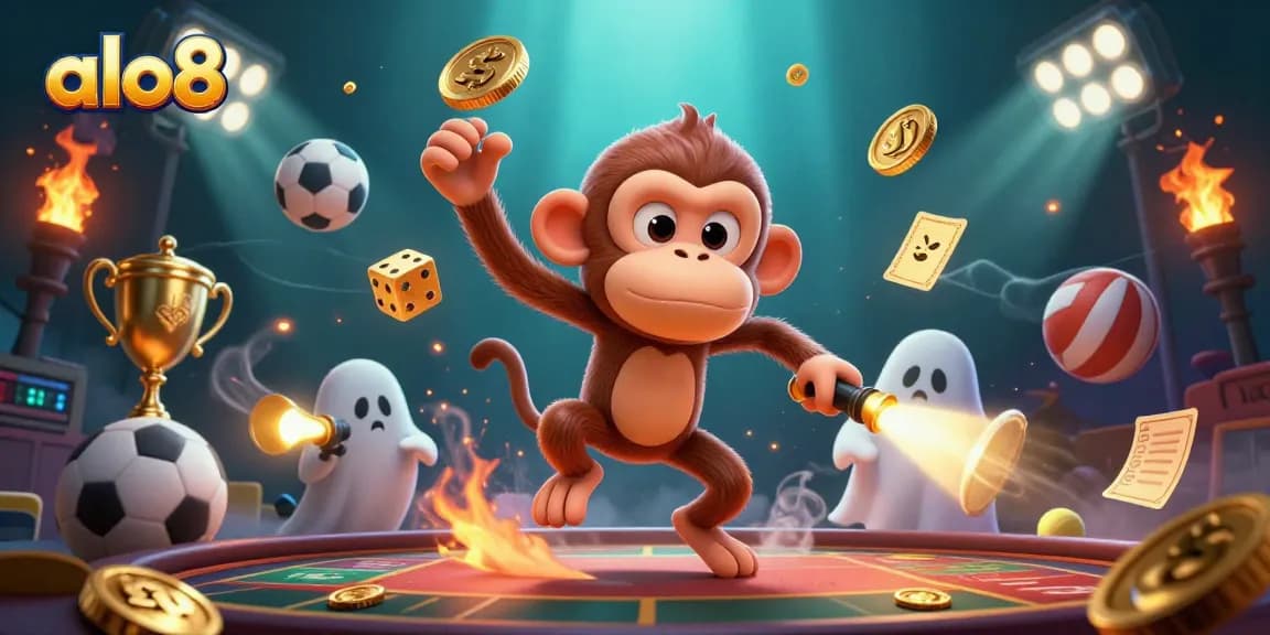 Experience the thrill of alo8 as a mischievous ghost monkey juggles gold in a dynamic casino scene.