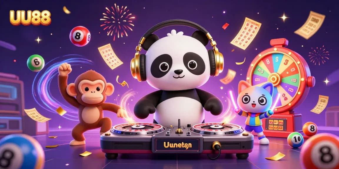 UU88 gaming scene featuring a DJ panda and a breakdancing monkey with vibrant lottery elements.