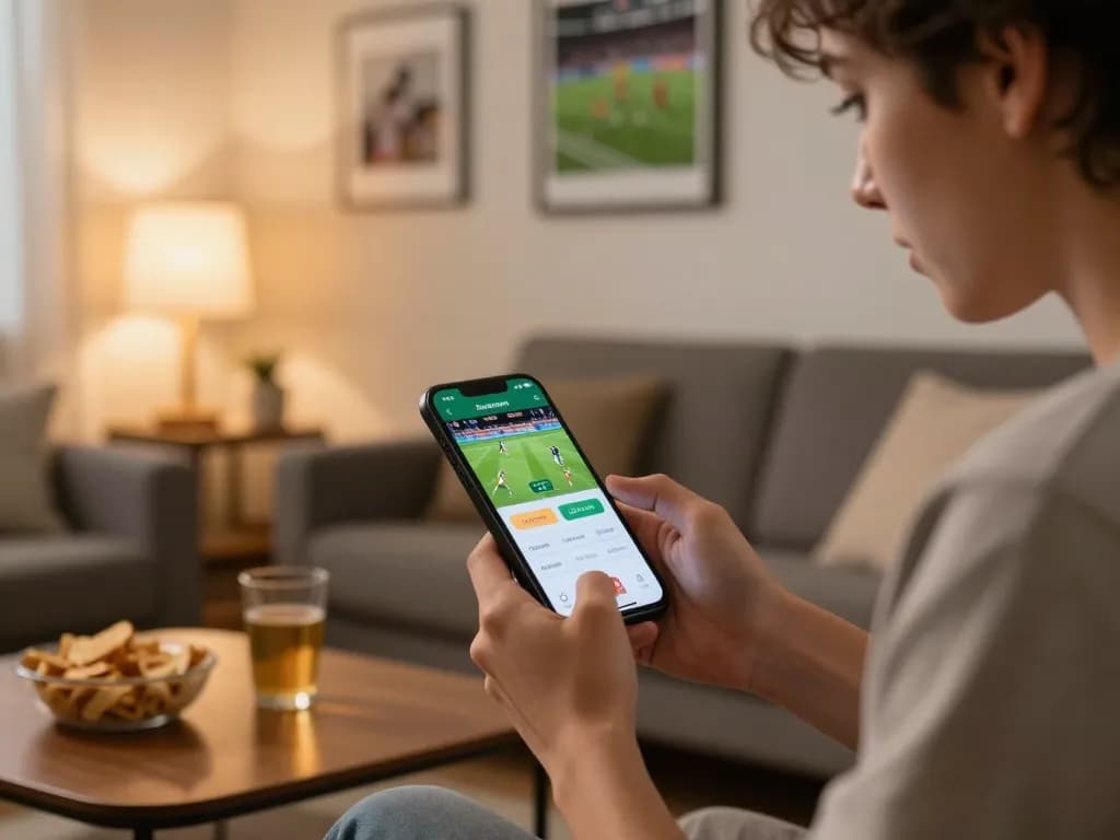Socolive user engaging in sports betting on smartphone in cozy living room.