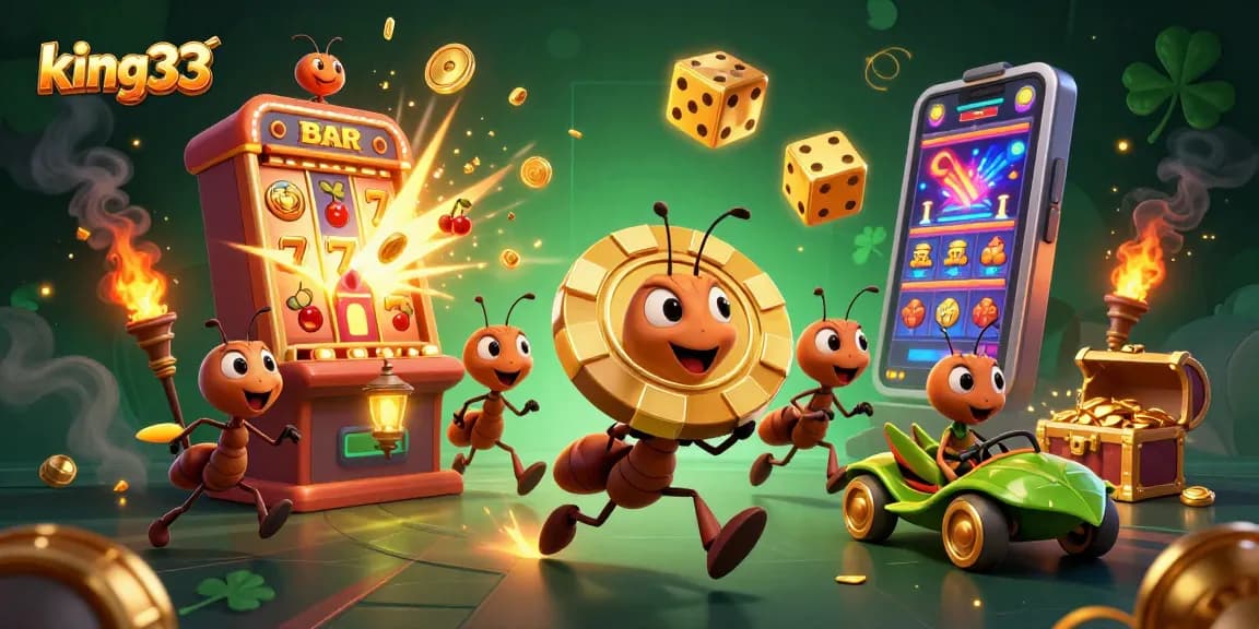 Join the thrilling adventure at king33 with playful ants heisting a massive poker chip amidst a vibrant casino world.