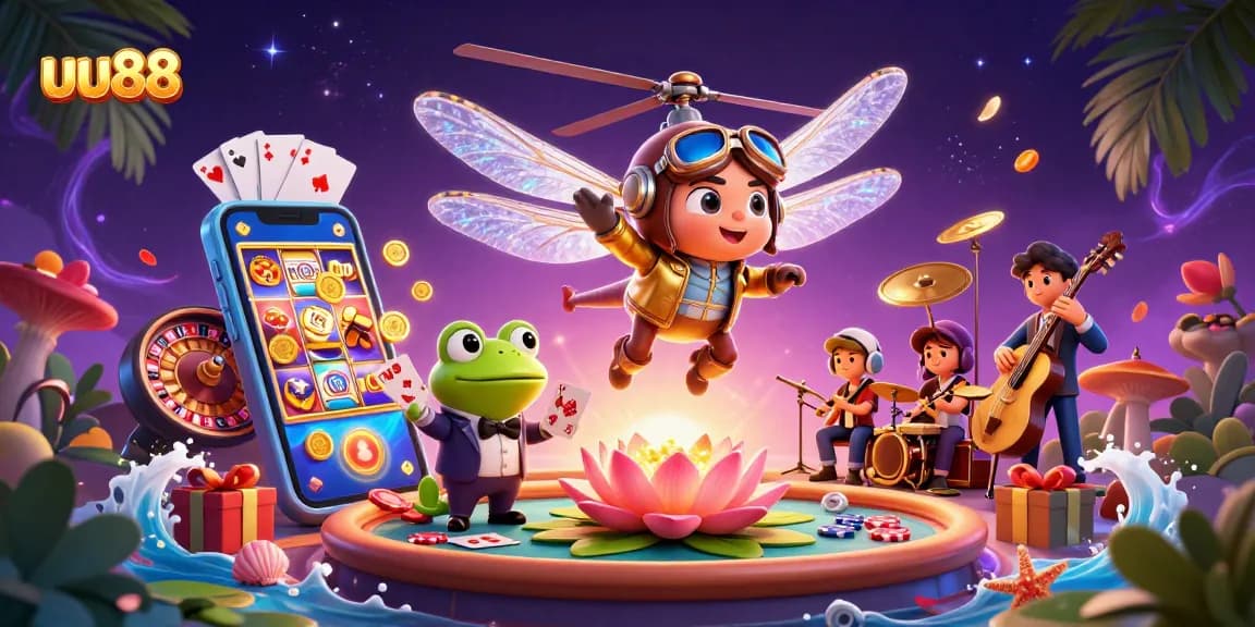 Experience thrilling gameplay at uu88 with an energetic cartoon scene featuring vibrant casino elements.