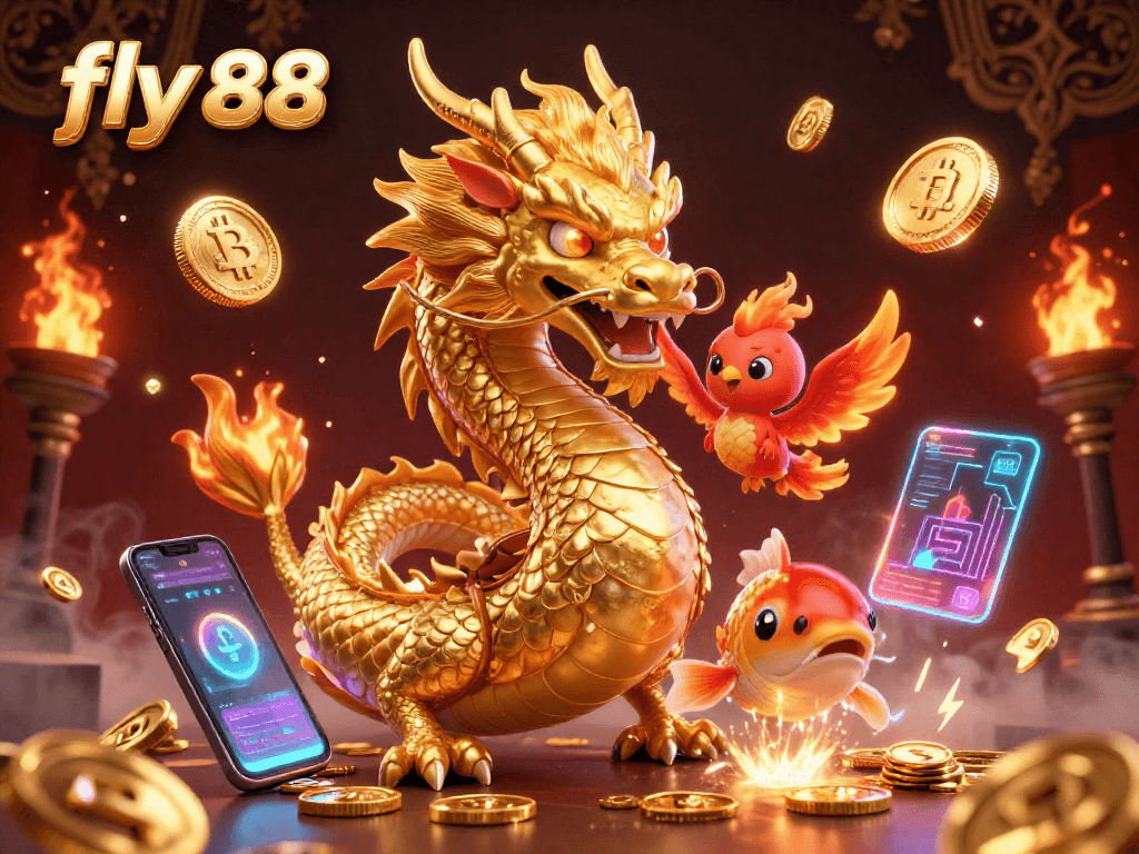Experience thrilling wins at fly 88 with a vibrant 3D casino scene featuring a golden dragon and exciting game elements.