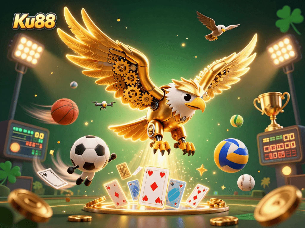 Experience thrilling bets at Ku88 with a vibrant 3D casino illustration capturing dynamic gaming action.
