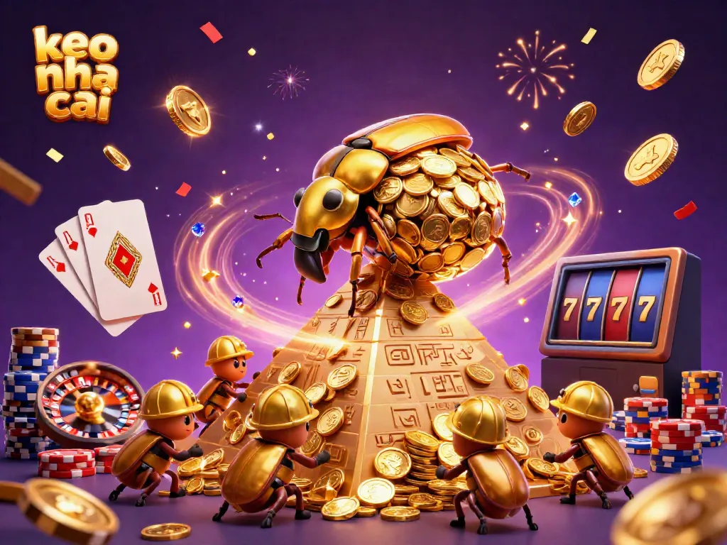 Engage with real-time keo nha cai updates featuring golden beetles and casino elements in a vibrant scene.