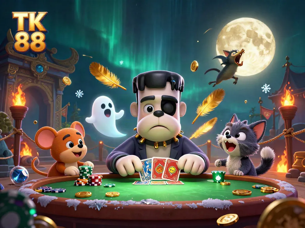 TK 88 showcases an exciting 3D casino scene with unique characters engaged in card games surrounded by vibrant gambling elements.