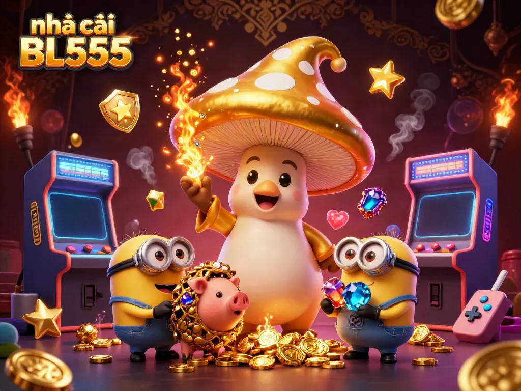 Engage with nhà cái BL555 in a vibrant scene filled with magical treasures and arcade excitement