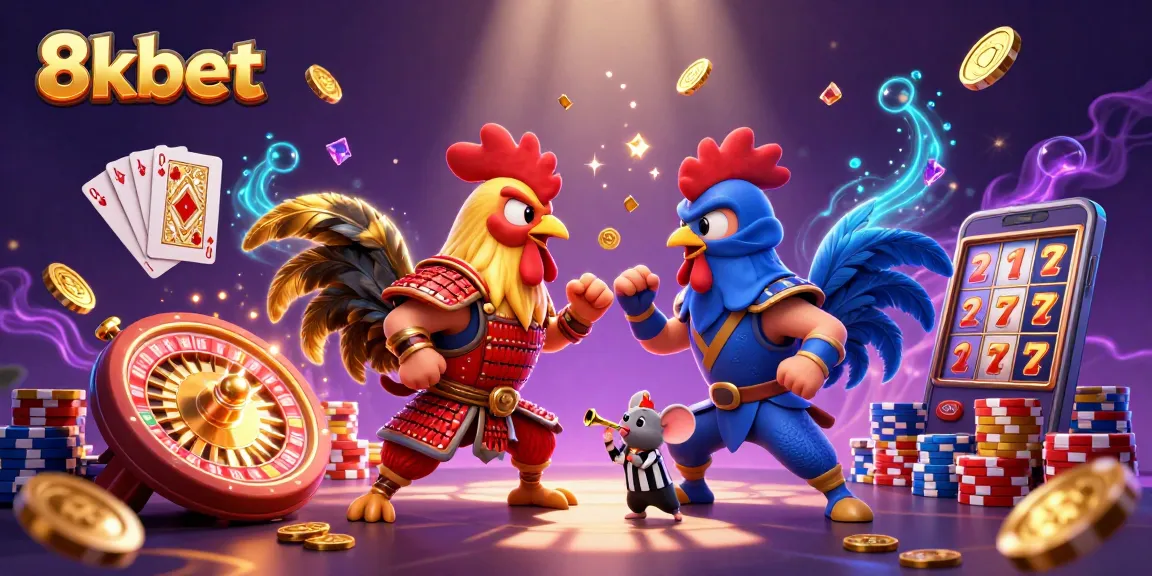 Experience thrilling action with 8xbet's dynamic fighting roosters, showcasing vibrant casino elements.
